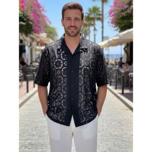 Mode Of One Men Black Crochet Open Weave Button Front Shirt XXL